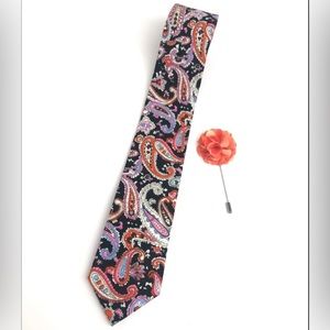 Mens Tie Set Black and Orange Multicolored Tie and Lapel Pin